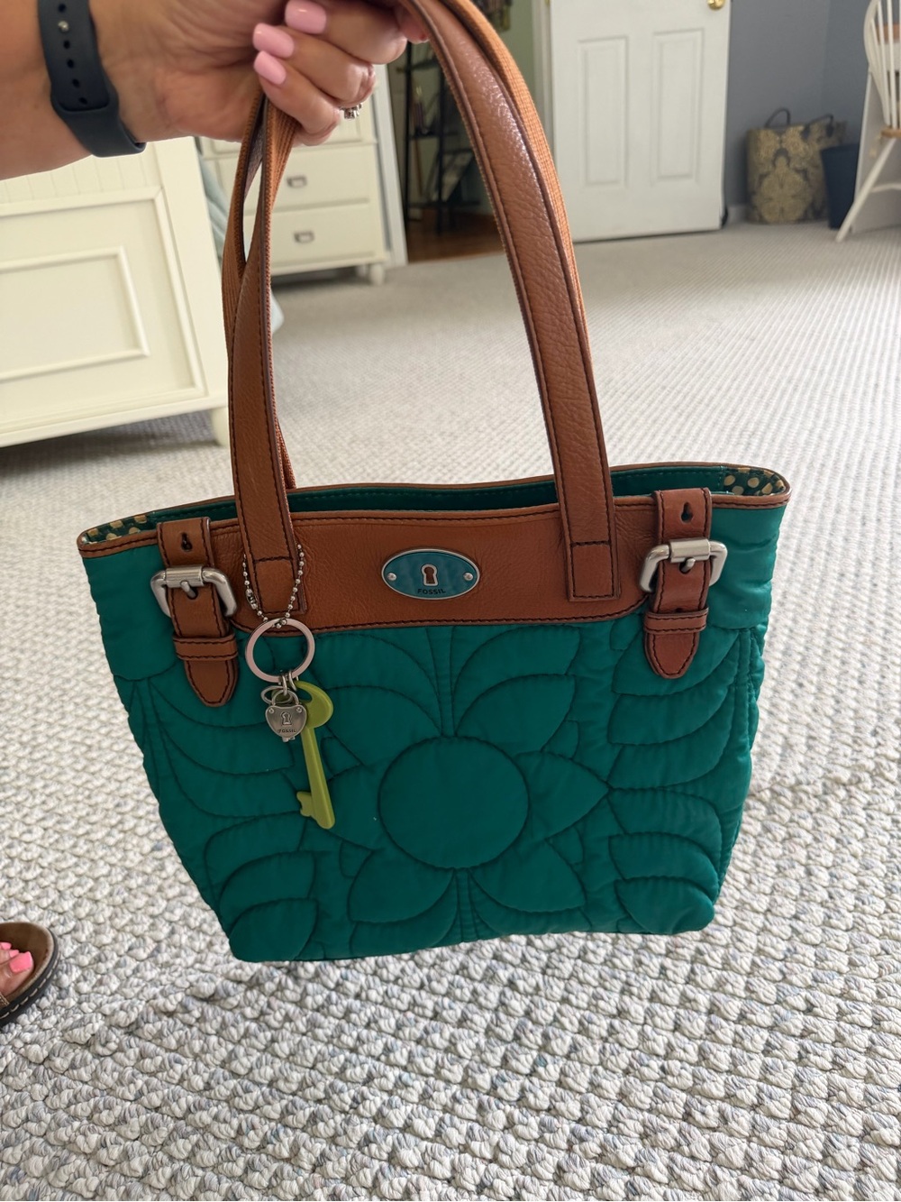 Fossil Teal Quilted Floral Tote with Brown Leather Trim